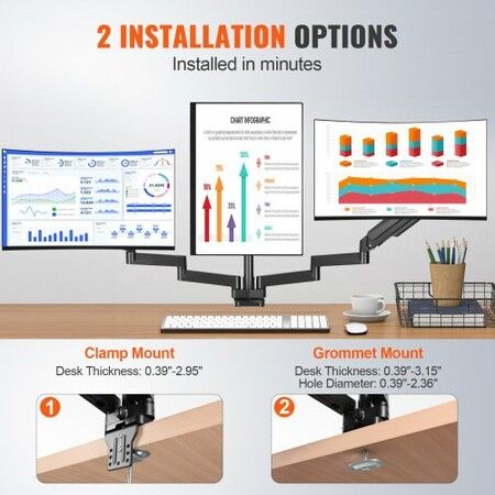 Triple Monitor Mount, Support 13"-27"锛?30-686 mm锛塖creens, Fully Adjustable Gas Spring Monitor Arm, Hold up to 9.1 kg per Arm, Computer Stand Holder with C-Clamp/Grommet Mounting Base, VESA Mount Bracket