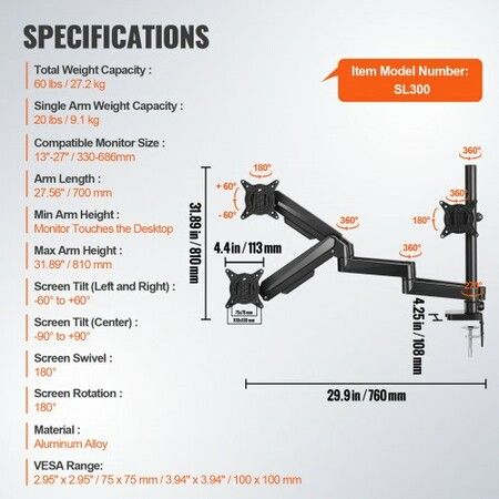 Triple Monitor Mount, Support 13"-27"锛?30-686 mm锛塖creens, Fully Adjustable Gas Spring Monitor Arm, Hold up to 9.1 kg per Arm, Computer Stand Holder with C-Clamp/Grommet Mounting Base, VESA Mount Bracket