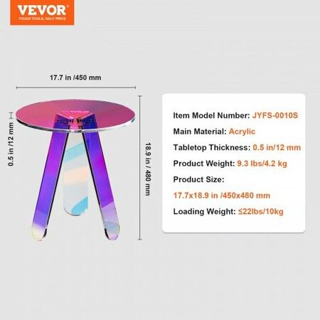 Round Iridescent Side Table, Acrylic End Table, Clear Rainbow Acrylic Coffee Table for Drink, Food, Snack used in Living Room, Bedroom, and Study