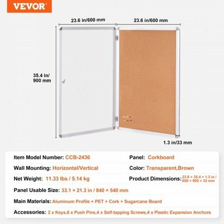 36"x24" Enclosed Cork Board with Aluminum Frame Lockable Bulletin Board