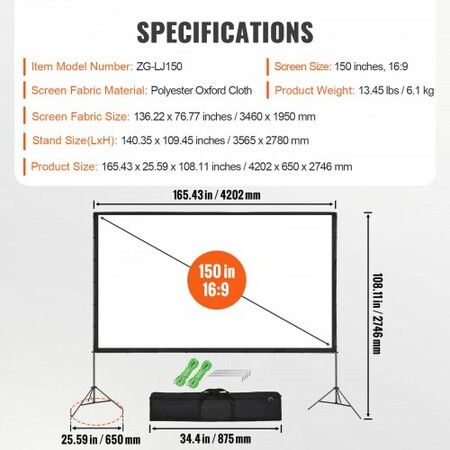 Projector Screen with Stand, 150 inch 16:9 4K 1080 HD Outdoor Movie Screen with Stand, Wrinkle-Free Projection Screen with Tripods and Carry Bag, for Home Theater Cinema Backyard Movie Night