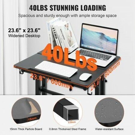 Mobile Standing Desk, 26.4"-44.9" Gas-Spring Height Adjustable Sit-Stand Desk, 360° Swivel Wheels (4 Lockable) Home Office Rolling Laptop Table & 0-45° Tiltable Desktop, 2 Hooks, 40LBS Loading