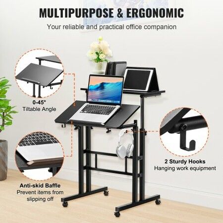 Mobile Standing Desk, 26.4"-44.9" Gas-Spring Height Adjustable Sit-Stand Desk, 360° Swivel Wheels (4 Lockable) Home Office Rolling Laptop Table & 0-45° Tiltable Desktop, 2 Hooks, 40LBS Loading