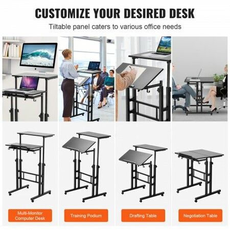 Mobile Standing Desk, 26.4"-44.9" Gas-Spring Height Adjustable Sit-Stand Desk, 360° Swivel Wheels (4 Lockable) Home Office Rolling Laptop Table & 0-45° Tiltable Desktop, 2 Hooks, 40LBS Loading