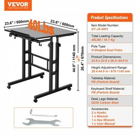 Mobile Standing Desk, 26.4"-44.9" Gas-Spring Height Adjustable Sit-Stand Desk, 360° Swivel Wheels (4 Lockable) Home Office Rolling Laptop Table & 0-45° Tiltable Desktop, 2 Hooks, 40LBS Loading