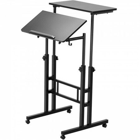 Mobile Standing Desk, 26.4"-44.9" Gas-Spring Height Adjustable Sit-Stand Desk, 360° Swivel Wheels (4 Lockable) Home Office Rolling Laptop Table & 0-45° Tiltable Desktop, 2 Hooks, 40LBS Loading