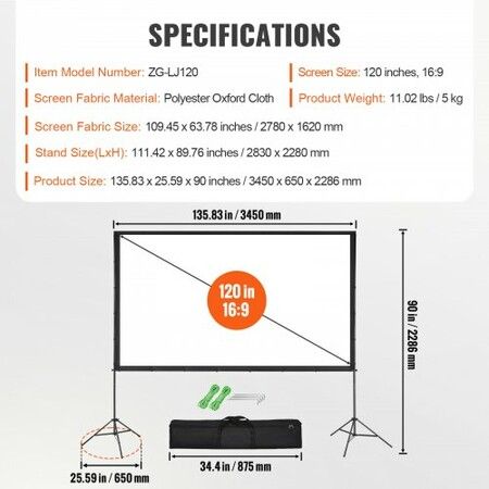 Projector Screen with Stand, 120 inch 16:9 4K 1080 HD Outdoor Movie Screen with Stand, Wrinkle-Free Projection Screen with Tripods and Carry Bag, for Home Theater Cinema Backyard Movie Night