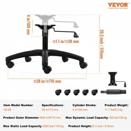 Office Chair Base Replacement 710mm Swivel Chair Base 1134kg 100mm Stroke