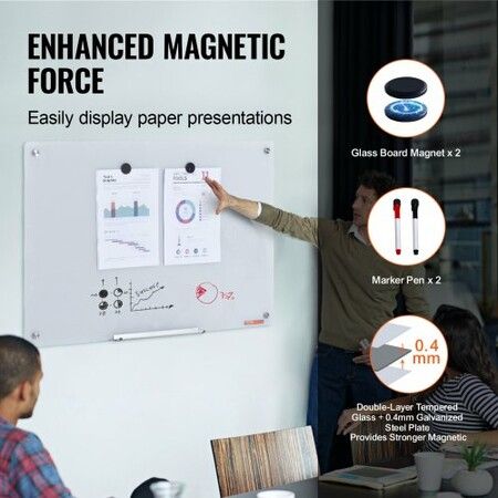 Magnetic Glass Whiteboard, Dry Erase Board 36"x24", Wall-Mounted Large White Glassboard Frameless, with Marker Tray, an Eraser and 2 Markers, White