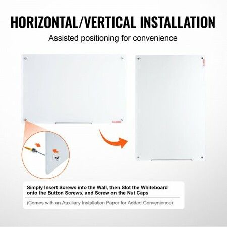 Magnetic Glass Whiteboard, Dry Erase Board 36"x24", Wall-Mounted Large White Glassboard Frameless, with Marker Tray, an Eraser and 2 Markers, White