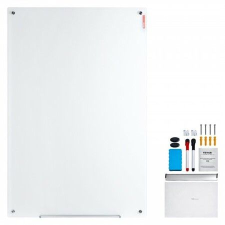 Magnetic Glass Whiteboard, Dry Erase Board 36"x24", Wall-Mounted Large White Glassboard Frameless, with Marker Tray, an Eraser and 2 Markers, White