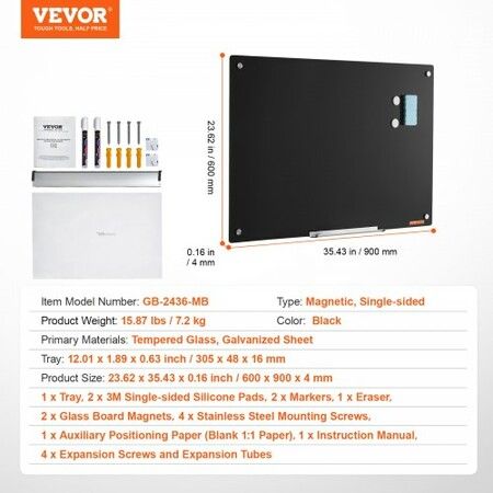 Magnetic Glass Whiteboard, Dry Erase Board 36"x24", Wall-Mounted Large White Glassboard Frameless, with Marker Tray, an Eraser and 2 Markers, Black