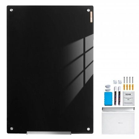 Magnetic Glass Whiteboard, Dry Erase Board 36"x24", Wall-Mounted Large White Glassboard Frameless, with Marker Tray, an Eraser and 2 Markers, Black