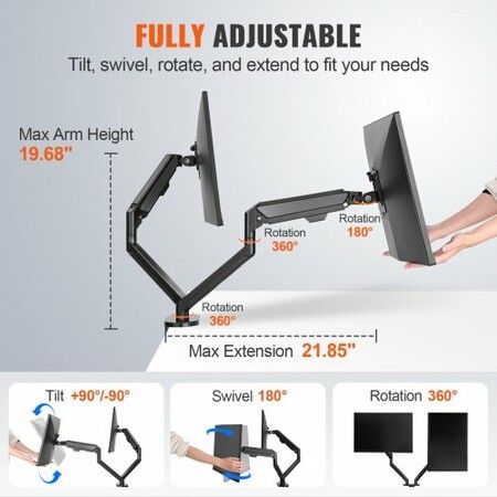 Dual Monitor Mount, Supports 13"-35"锛?30-889 mm锛塖creens, Fully Adjustable Gas Spring Monitor Arm, Holds up to 12 kg per Arm, Computer Stand Holder with C-Clamp/Grommet Mounting Base, VESA Mount Bracket