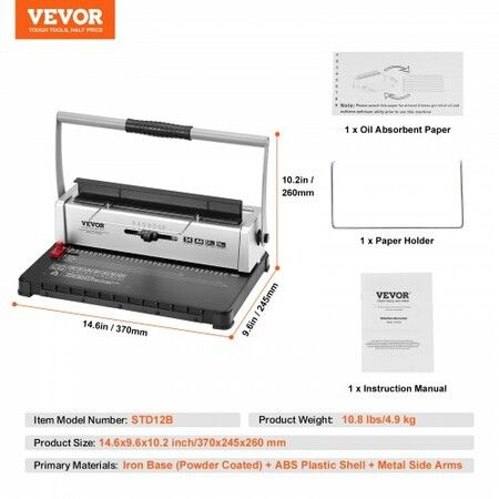 Coil Spiral Binding Machine, Manual Book Maker 34-Holes Binding 120 Sheets, Punch Binder with Adjustable 3/16" - 9/16" Coil Binding Spines and Side Margin, for Letter Size, A4, A5