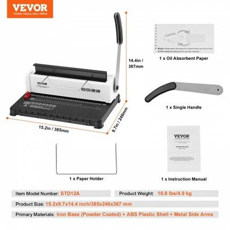 Coil Spiral Binding Machine, Manual Book Maker 34-Holes Binding 120 Sheets, Punch Binder with Adjustable Side Margin, for Letter Size, A4, A5