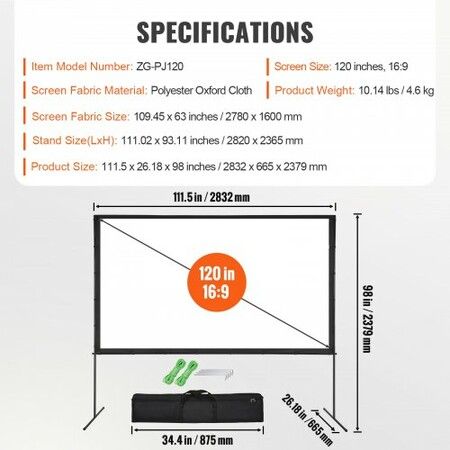 Projector Screen with Stand, 120 inch 16:9 4K 1080 HD Outdoor Movie Screen with Stand, Wrinkle-Free Projection Screen with Bar Feet and Carry Bag, for Home Theater Cinema Backyard Movie Night