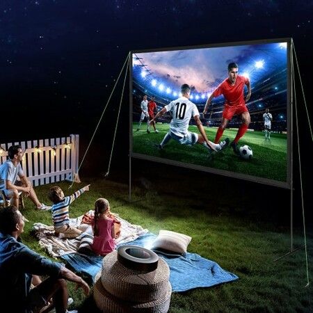 Projector Screen with Stand, 120 inch 16:9 4K 1080 HD Outdoor Movie Screen with Stand, Wrinkle-Free Projection Screen with Bar Feet and Carry Bag, for Home Theater Cinema Backyard Movie Night