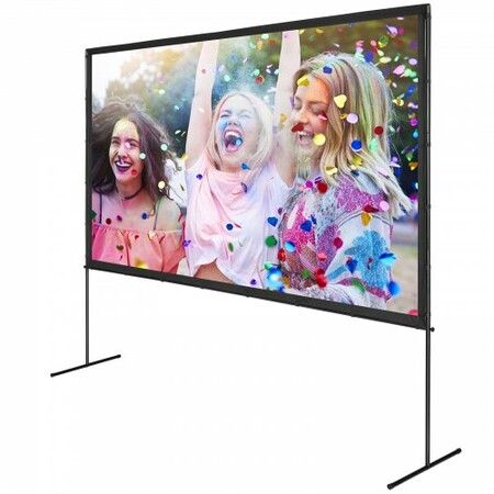 Projector Screen with Stand, 120 inch 16:9 4K 1080 HD Outdoor Movie Screen with Stand, Wrinkle-Free Projection Screen with Bar Feet and Carry Bag, for Home Theater Cinema Backyard Movie Night