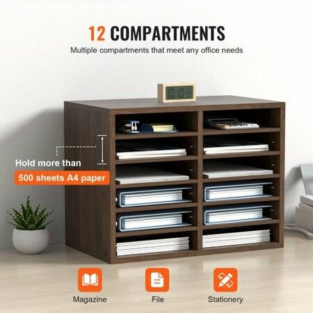 Wood Literature Organizer Adjustable File Sorter 12 Compartments Brown