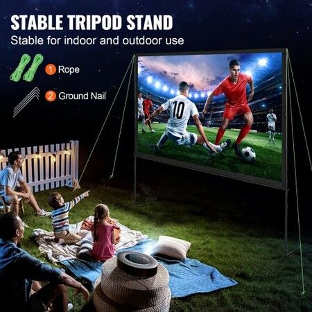 Projector Screen with Stand, 100 inch 16:9 4K 1080 HD Outdoor Movie Screen with Stand, Wrinkle-Free Projection Screen with Bar Feet and Carry Bag, for Home Theater Cinema Backyard Movie Night