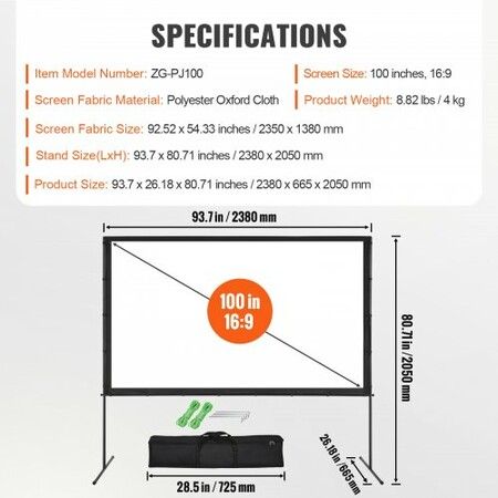 Projector Screen with Stand, 100 inch 16:9 4K 1080 HD Outdoor Movie Screen with Stand, Wrinkle-Free Projection Screen with Bar Feet and Carry Bag, for Home Theater Cinema Backyard Movie Night