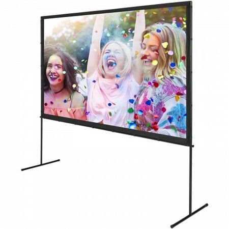 Projector Screen with Stand, 100 inch 16:9 4K 1080 HD Outdoor Movie Screen with Stand, Wrinkle-Free Projection Screen with Bar Feet and Carry Bag, for Home Theater Cinema Backyard Movie Night