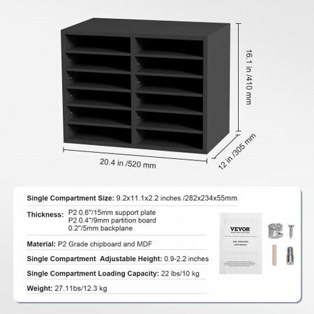 Wood Literature Organizer Adjustable File Sorter 12 Compartments Gray