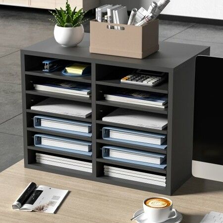 Wood Literature Organizer Adjustable File Sorter 12 Compartments Gray