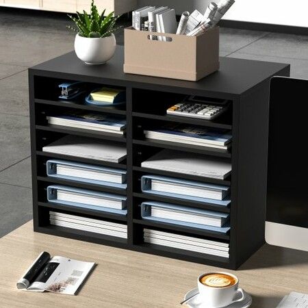 Wood Literature Organizer Adjustable File Sorter 12 Compartments Black