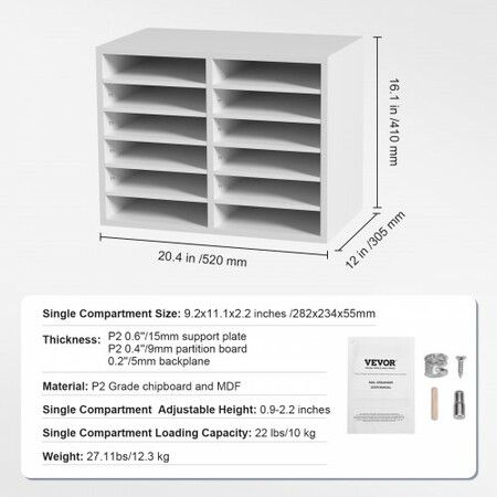 Wood Literature Organizer Adjustable File Sorter 12 Compartments White