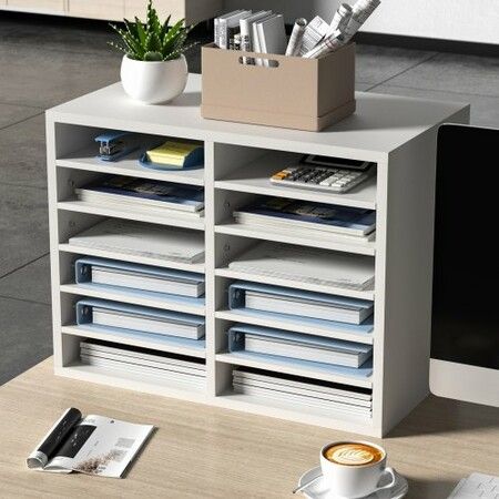 Wood Literature Organizer Adjustable File Sorter 12 Compartments White