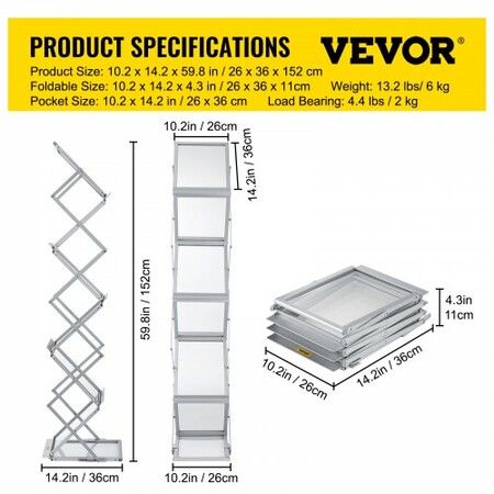 Literature Rack, 6 Pockets, Pop up Aluminum Magazine Rack, Lightweight Catalog Holder Stand w/Carrying Bag for Living Room, Hotel, Trade Show, Exhibition, Office