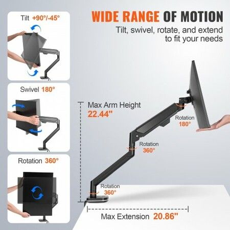 Single Monitor Mount, Supports 13"-35"锛?30-889 mm锛塖creen, Fully Adjustable Gas Spring Monitor Arm, Holds up to 12 kg, Computer Monitor Stand Holder with C-Clamp/Grommet Mounting Base, VESA Mount Bracket