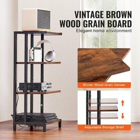 4-Tier AV Media Stand Height-Adjustable Wooden Audio-Video Media Stand