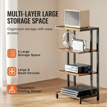 4-Tier AV Media Stand Height-Adjustable Wooden Audio-Video Media Stand