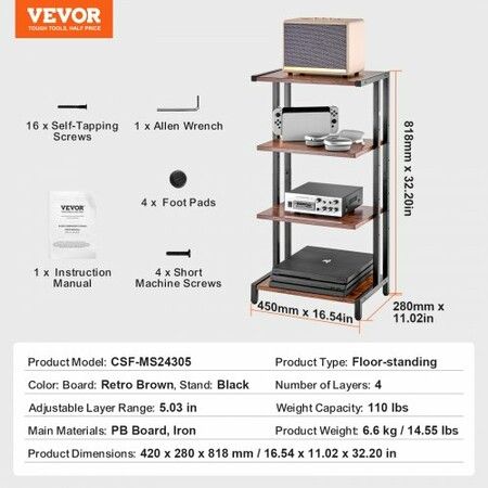 4-Tier AV Media Stand Height-Adjustable Wooden Audio-Video Media Stand