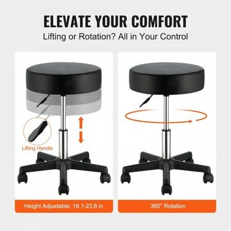 Round Rolling Stool, Rolling Stool with Wheels PU Leather Height Adjustable, Swivel Stools Chair for Office, Tatoo, Medical, Bar, Massage, Salon, Black