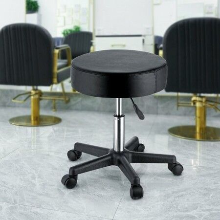 Round Rolling Stool, Rolling Stool with Wheels PU Leather Height Adjustable, Swivel Stools Chair for Office, Tatoo, Medical, Bar, Massage, Salon, Black