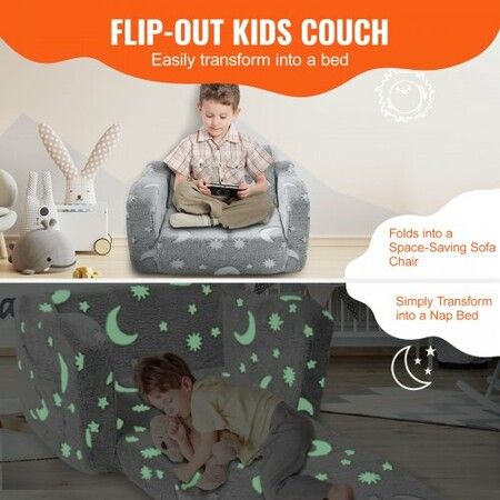 Fold-out Kids Sofa, Glow-in-the-Dark Kids Couch Chair, 2-in-1 Children Convertible Sofa to Lounger, Extra Soft Flip-out Toddler Couch for Siting and Sleeping, for Bedroom and Playroom