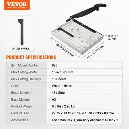 Paper Cutter, Guillotine Trimmer, 381 mm Cut Length, 16 Sheets Capacity, Heavy Duty Guillotine Paper Cutter with Guard Rail/Blade Lock for Cardstock/Cardboard, Paper Trimmer for Home Office