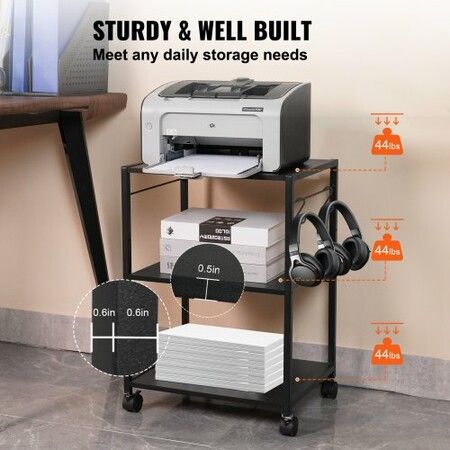 Printer Stand 3-Tier Rolling Printer Cart with Hooks and Storage Shelves