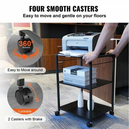 Printer Stand 3-Tier Rolling Printer Cart with Hooks and Storage Shelves