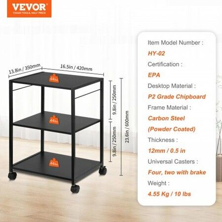 Printer Stand 3-Tier Rolling Printer Cart with Hooks and Storage Shelves