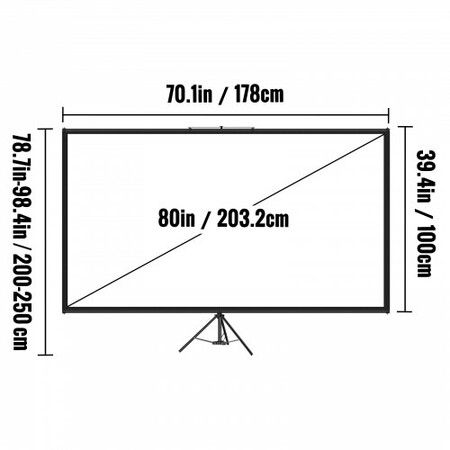 Tripod Projector Screen with Stand 80 inch 16:9 4K HD Projection Screen Stand Wrinkle-Free Height Adjustable Portable Screen for Projector Indoor & Outdoor for Movie, Home Cinema, Gaming, Office