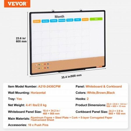 36"x24" Monthly Calendar Whiteboard & Cork Board Combo with Aluminum Frame