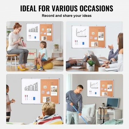 36"x 24" Whiteboard & Cork Board Combo with Aluminum Frame for School Home