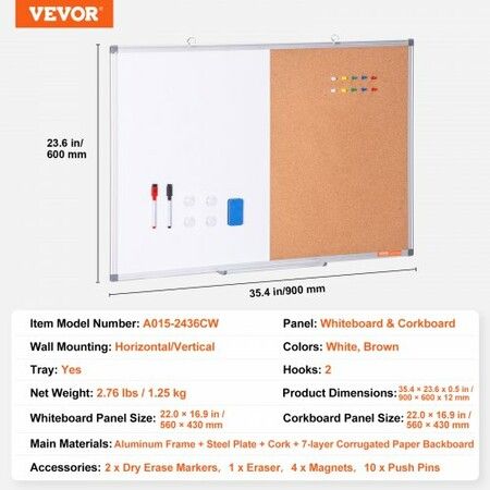 36"x 24" Whiteboard & Cork Board Combo with Aluminum Frame for School Home