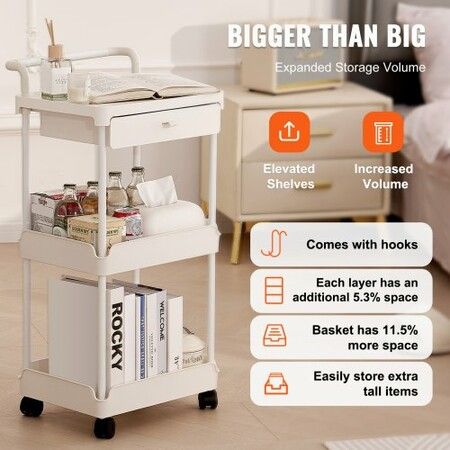 3-Tier Rolling Utility Cart with Drawer, Kitchen Cart with Lockable Wheels, Multifunctional Storage Trolley with Handle for Office, Living Room, Kitchen, Movable Storage Organizer Shelves, White