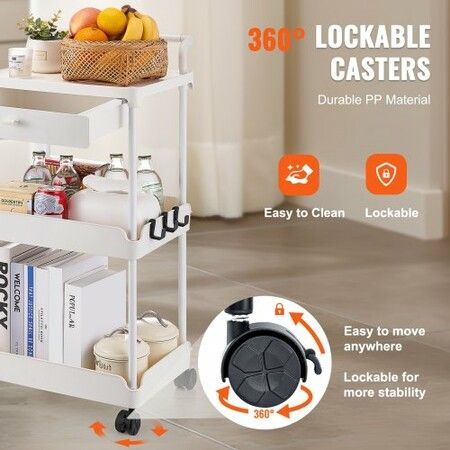 3-Tier Rolling Utility Cart with Drawer, Kitchen Cart with Lockable Wheels, Multifunctional Storage Trolley with Handle for Office, Living Room, Kitchen, Movable Storage Organizer Shelves, White